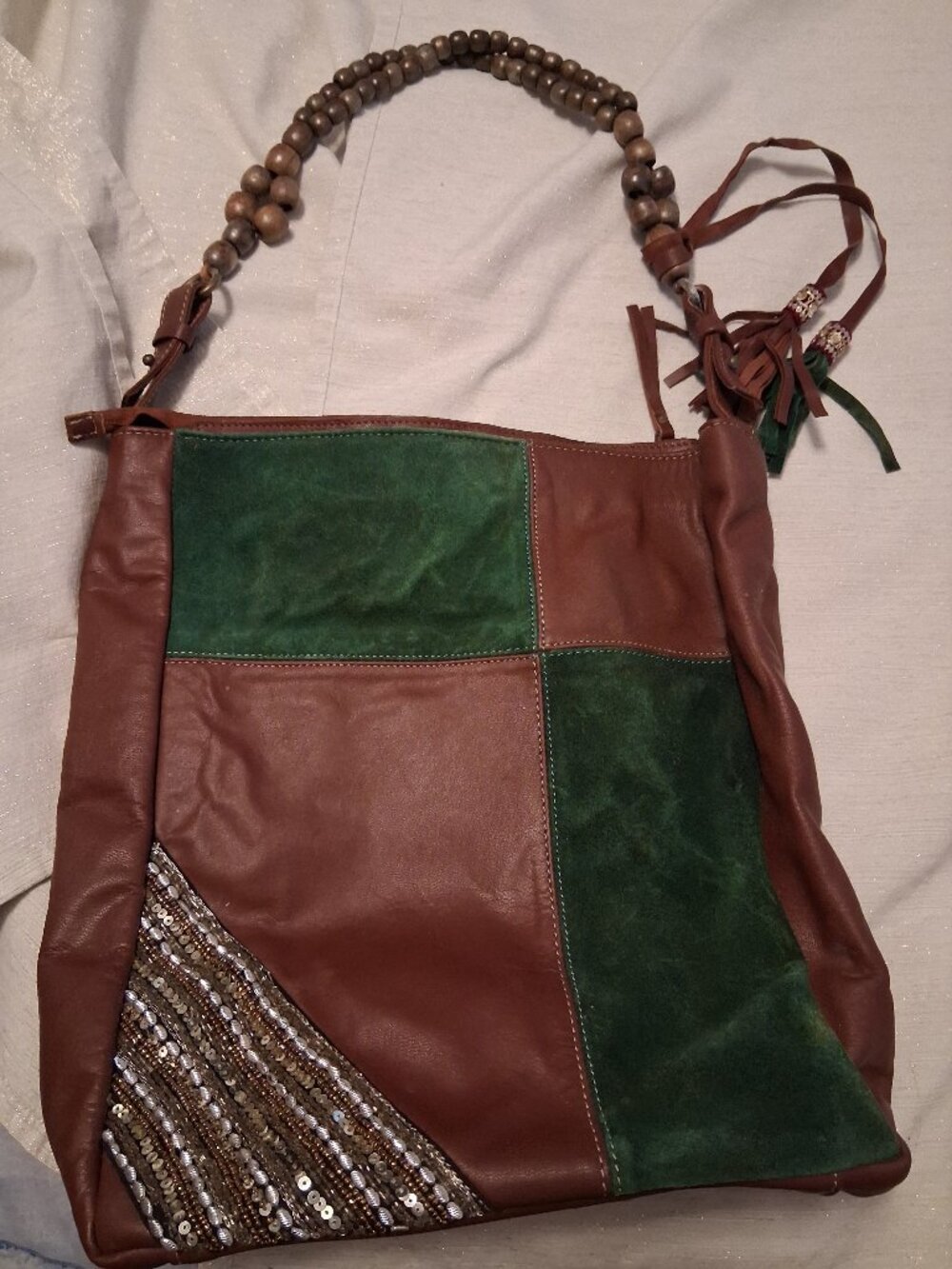 Vintage Boho Suede Leather patchwork bucket tote Bag wood bead handle tassels